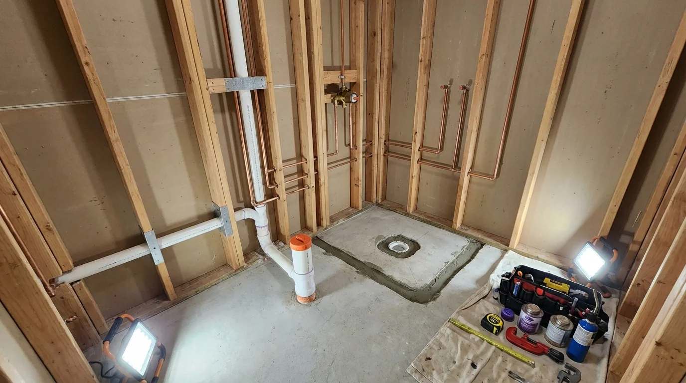 Bathroom rough-in plumbing during remodel by Johns Plumbing LLC in Wolcott