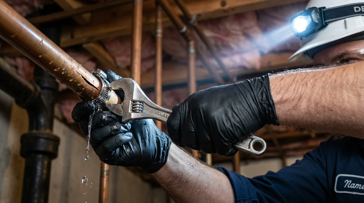 Emergency pipe clamp repair being performed by a Johns Plumbing LLC plumber in Wolcott