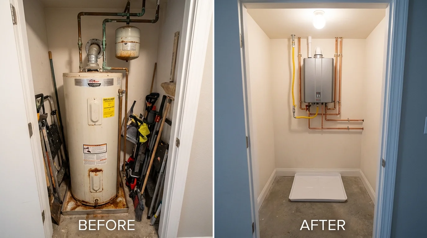 Tank water heater versus wall-mounted tankless unit comparison for Wolcott, NY homeowners