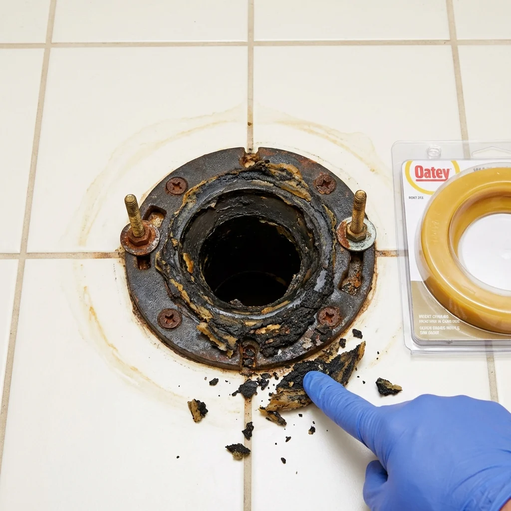 Failed wax ring showing water seepage at the base of a toilet in a Wolcott, NY home