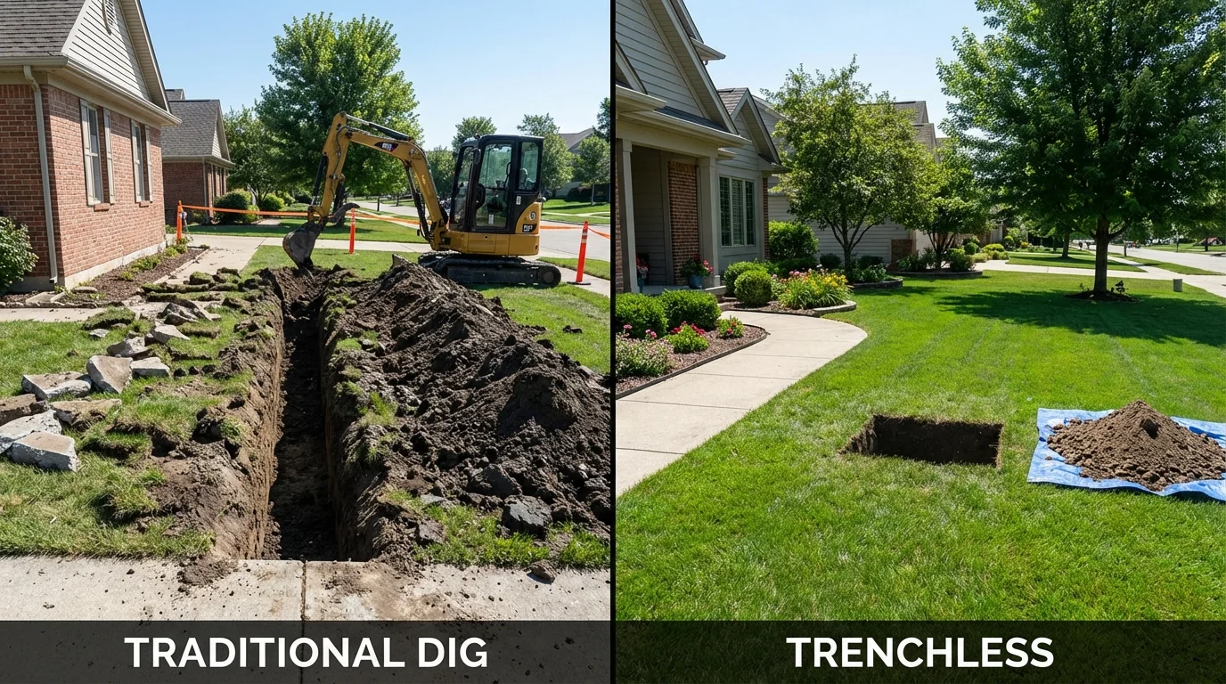 Trenchless sewer repair with minimal yard damage versus traditional excavation in Wolcott, NY