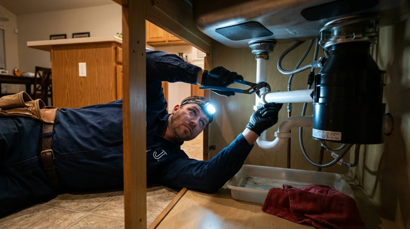 P-trap and supply line connections under a kitchen sink showing a common leak point in Wolcott, NY
